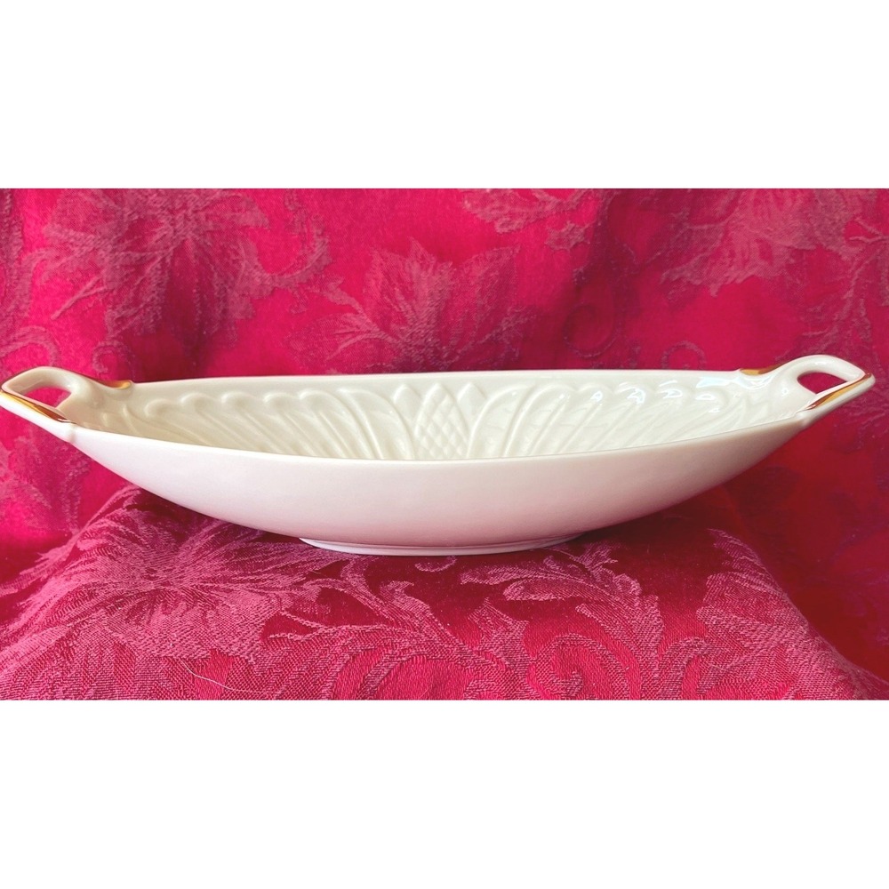 Lenox Monaco White Porcelain Embossed Oblong Serving Dish 24k Gold Handles USA - Picture 2 of 9
